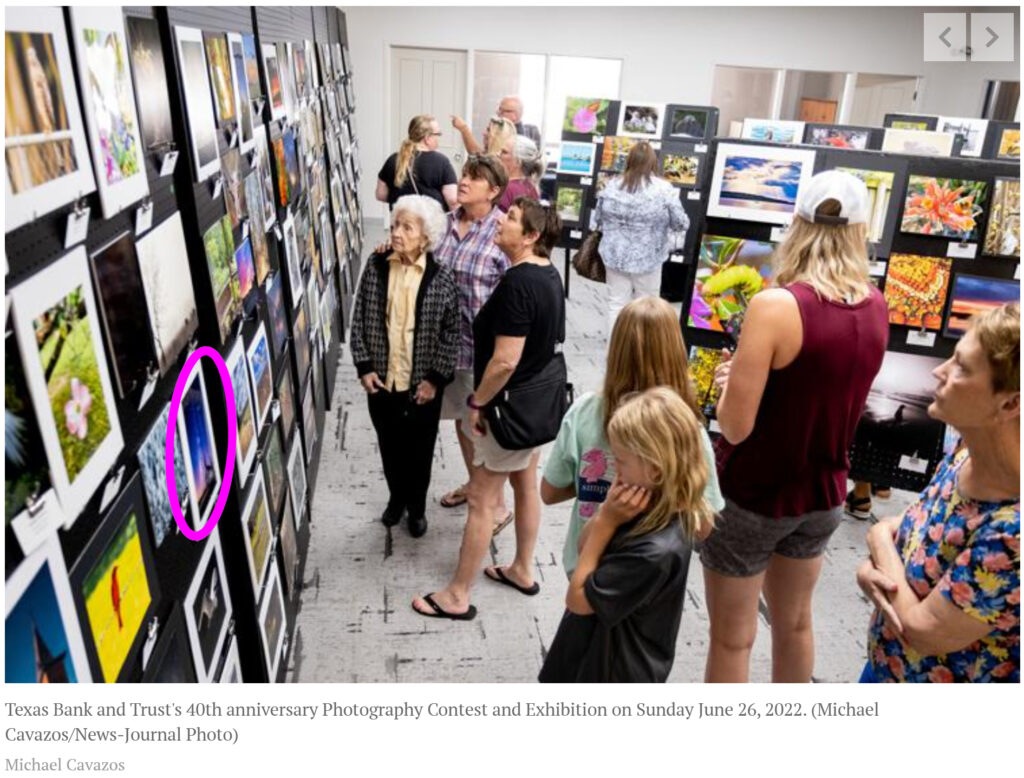 Texas Bank and Trust’s 40th Anniversary Photography Show and Exhibition photographed by Michael Cavazos of the Longview News Journal, circled images spotlight KC Hulsman's photographic work on exhibit. 